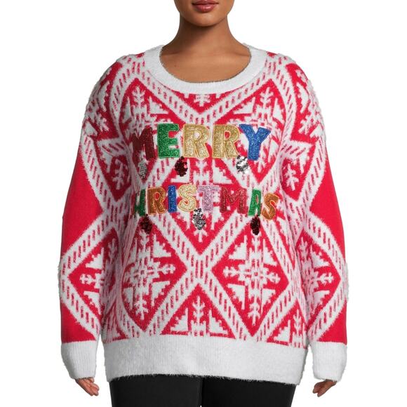 Merry Christmas Fairisle Ugly Holiday Sweater Sequins Warm Red Womens 2X 20-22 - Picture 1 of 7